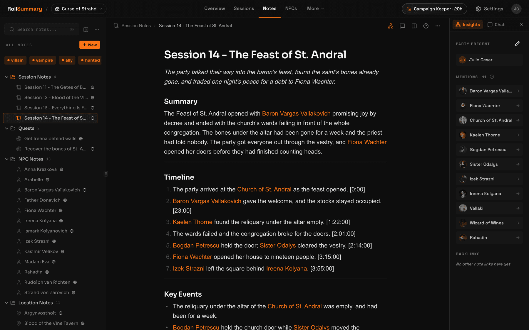 A Curse of Strahd session recap in RollSummary: a TL;DR, a timestamped timeline, and every character the session mentioned