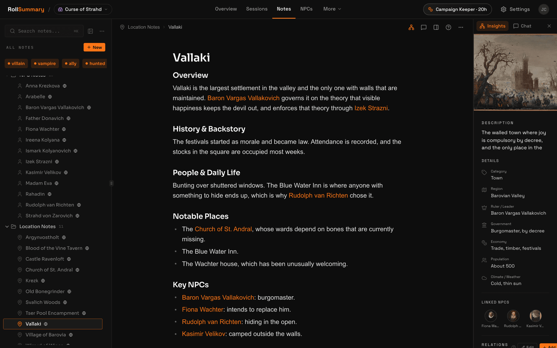 The Vallaki location note in RollSummary with its region, ruler, and the NPCs linked to it